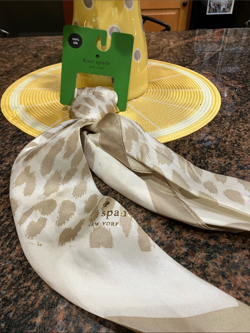 KATE SPADE ♠️ Cream and Taupe Brushstroke Silk Scarf/FREE earrings; hair clips